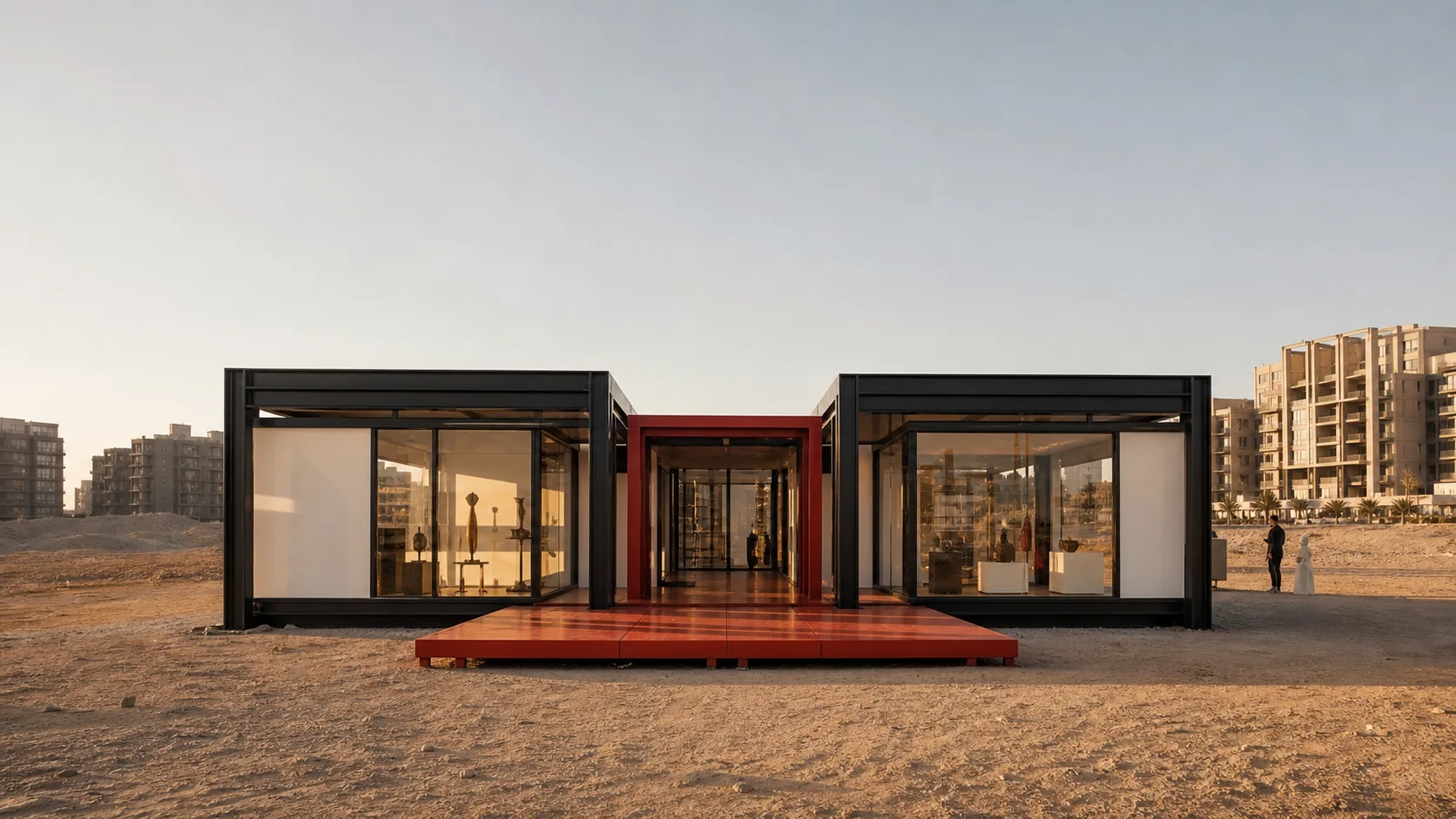 Symmetrical charcoal and red modular brand activation in Egypt