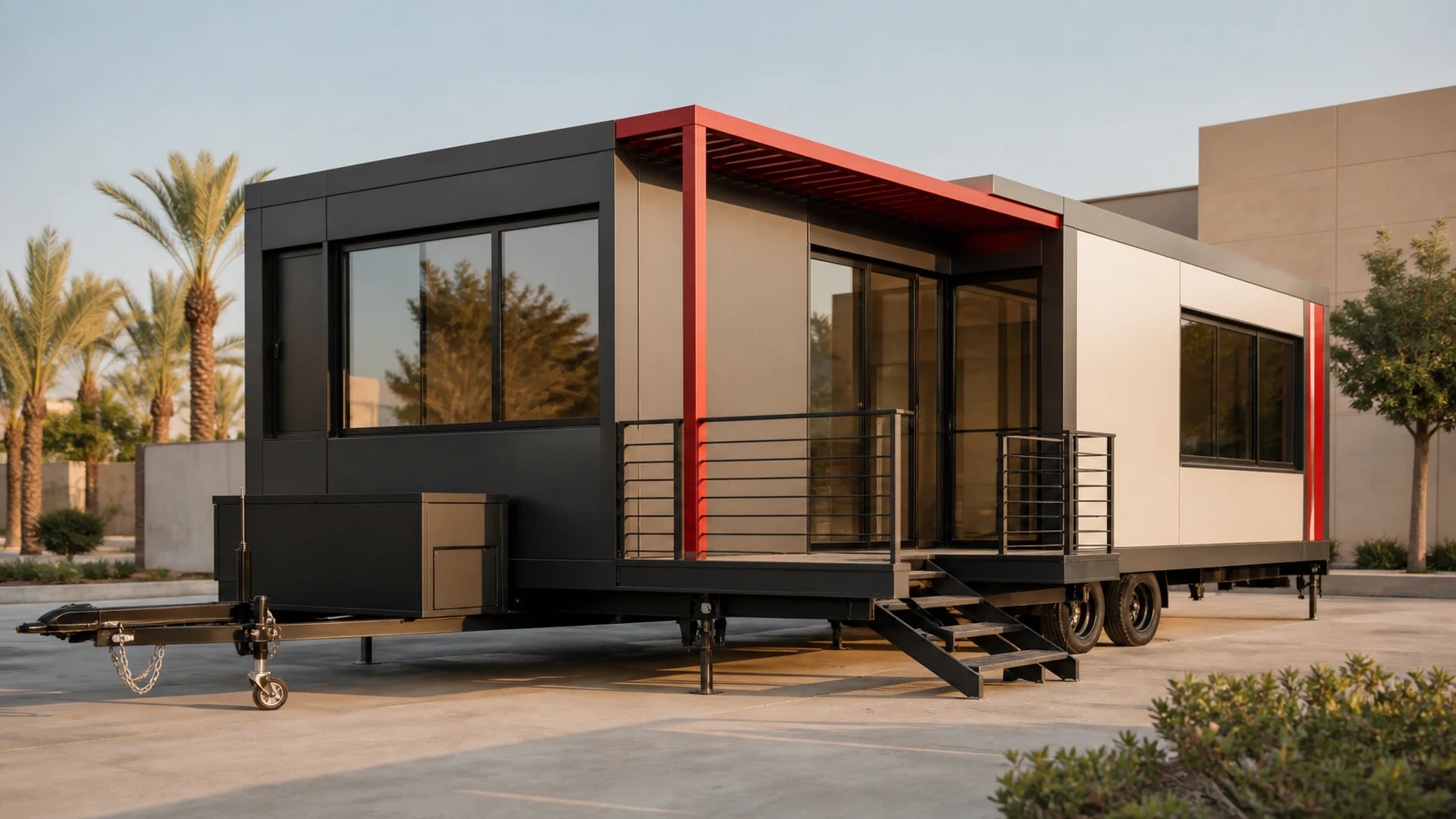 Custom commercial caravan with a steel frame, glazed frontage and shaded entrance