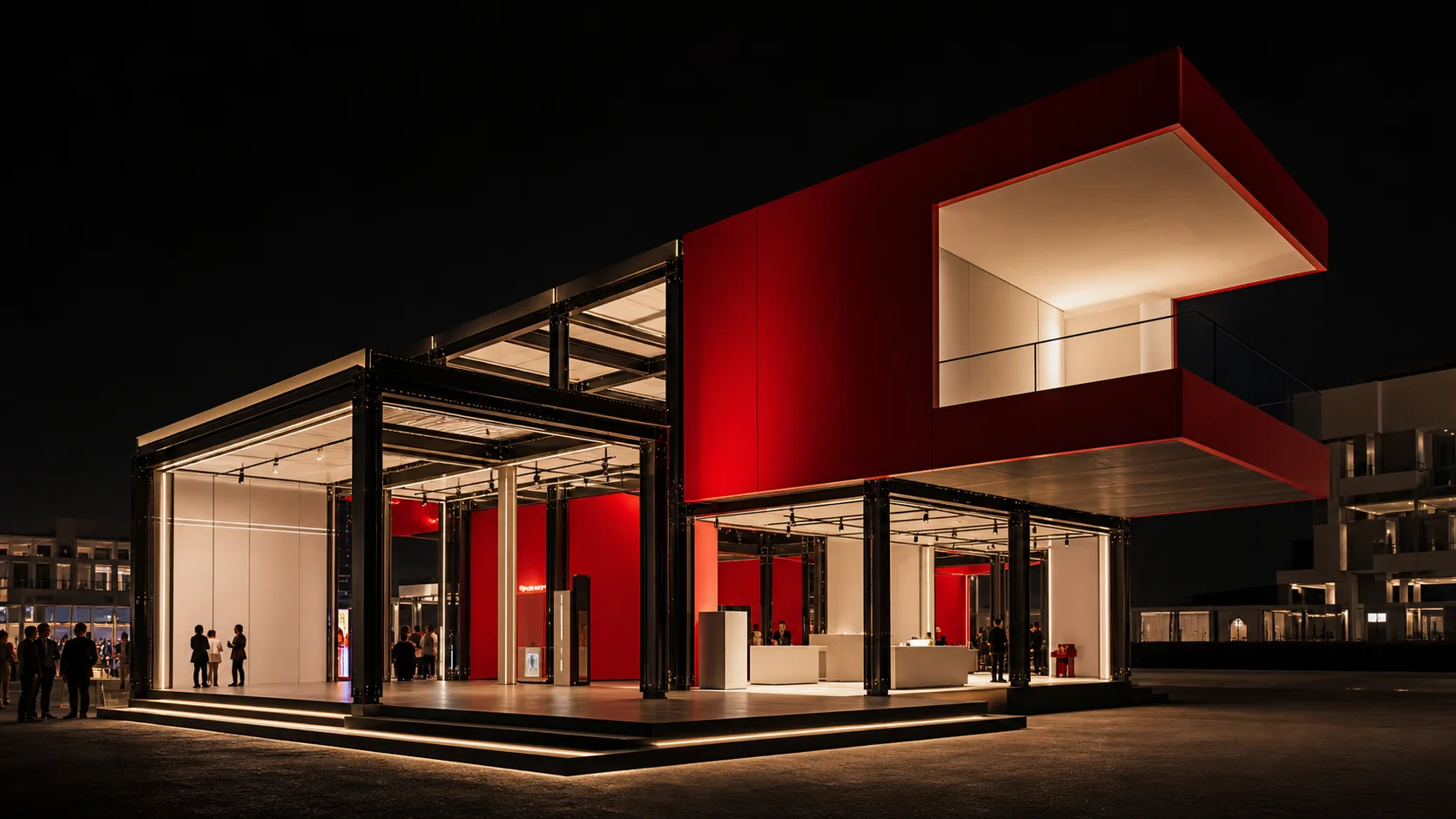Red and charcoal modular event pavilion illuminated at night