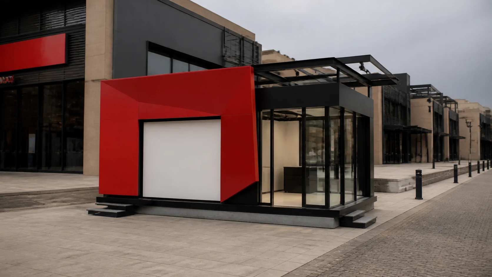 Compact charcoal modular pop-up shop with a bold red façade
