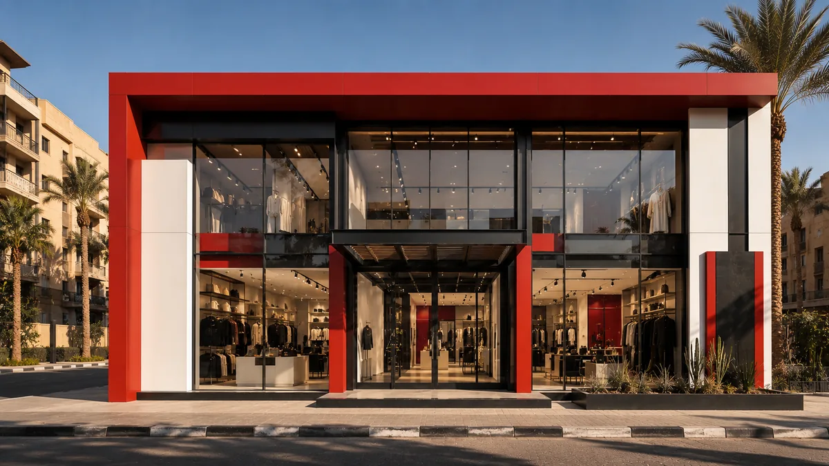 Two-storey modular retail storefront with full-height glazing and red brand cladding